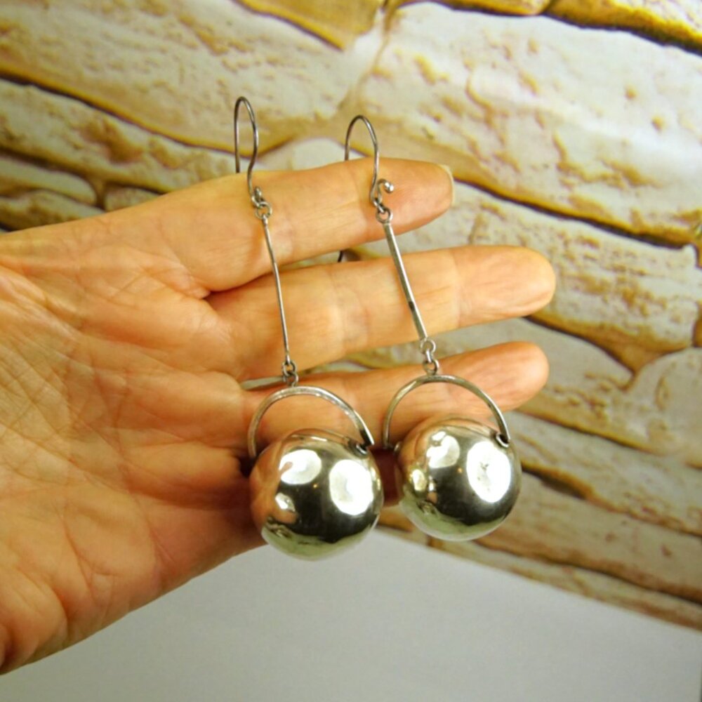 Giant Ball Dangle Earrings - 925 Sterling Silver - Rare Jewelry